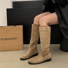 粗跟卡其色绒面堆堆长筒靴女靴子2025秋冬季瘦瘦靴长靴中筒骑士靴