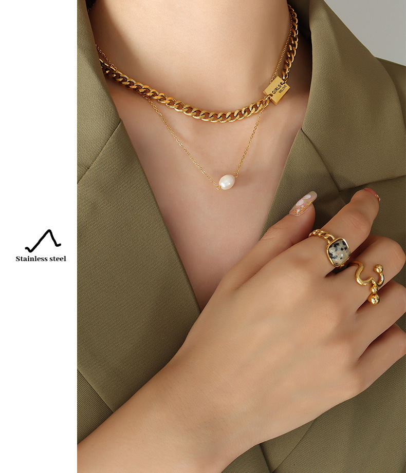 French Style Solid Color Titanium Steel Layered Necklaces Pearl Plating Stainless Steel Necklaces