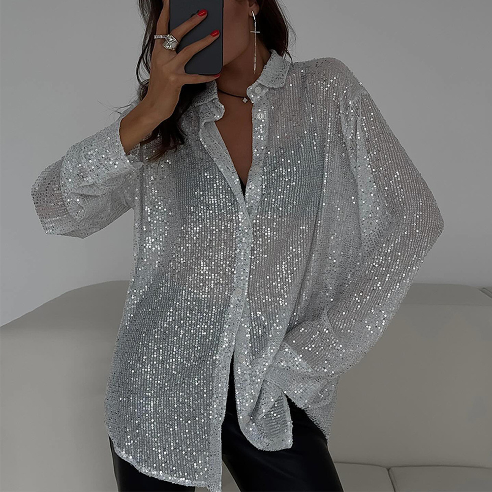 Women's Blouse Long Sleeve Blouses Sequins Streetwear Solid Color display picture 1