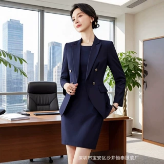 藏青色双排扣职业西装套装裙女秋季气质西服连衣裙两件套工作服批