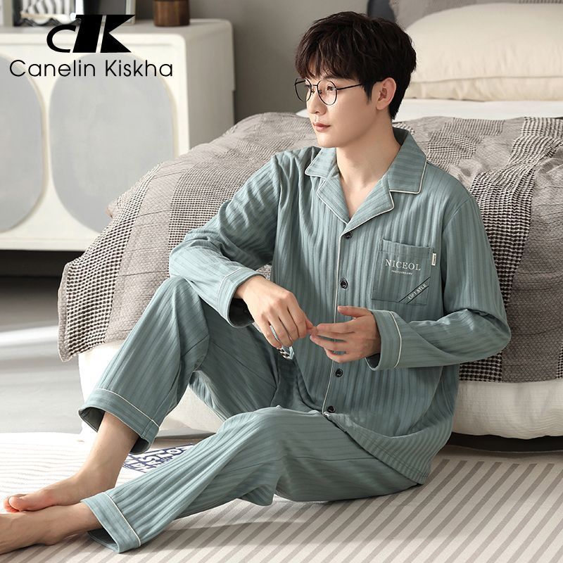 Primavera y otoño pijamas de algodón de manga larga se pueden usar fuera para hombres 2023 nuevo otoño red viento rojo para hombres ropa de hogar de tamaño grande