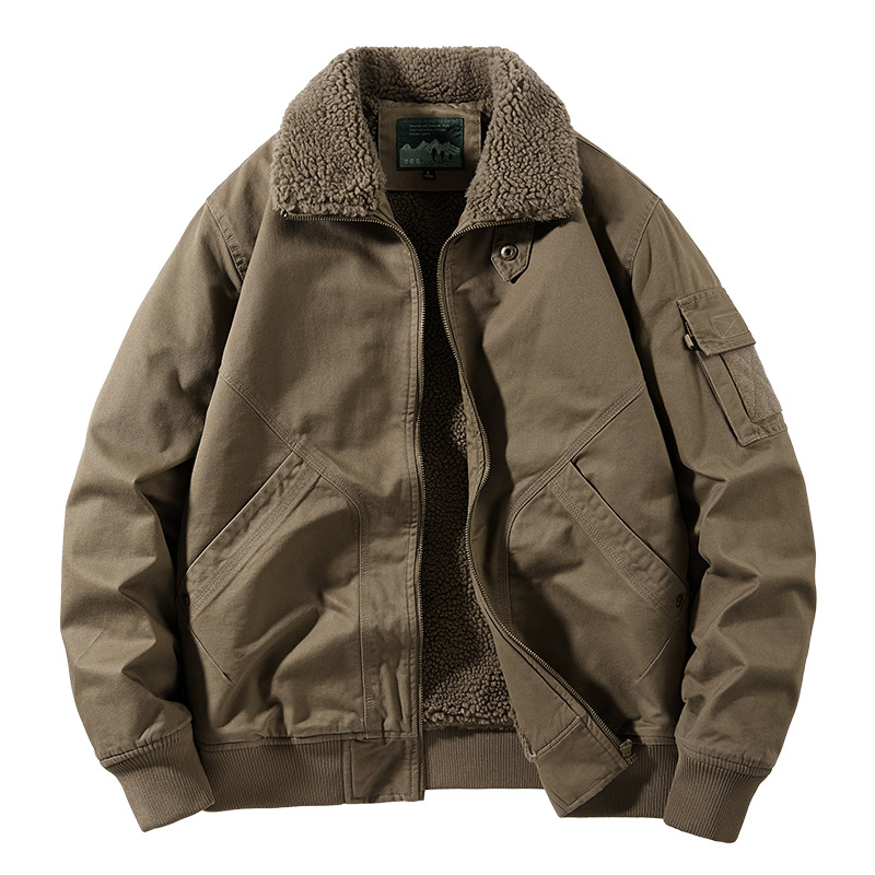 Men's Clothing New cotton washed lambskin jacket cotton clothing men's autumn and winter outdoor leisure high collar baseball jacket_voghion.com