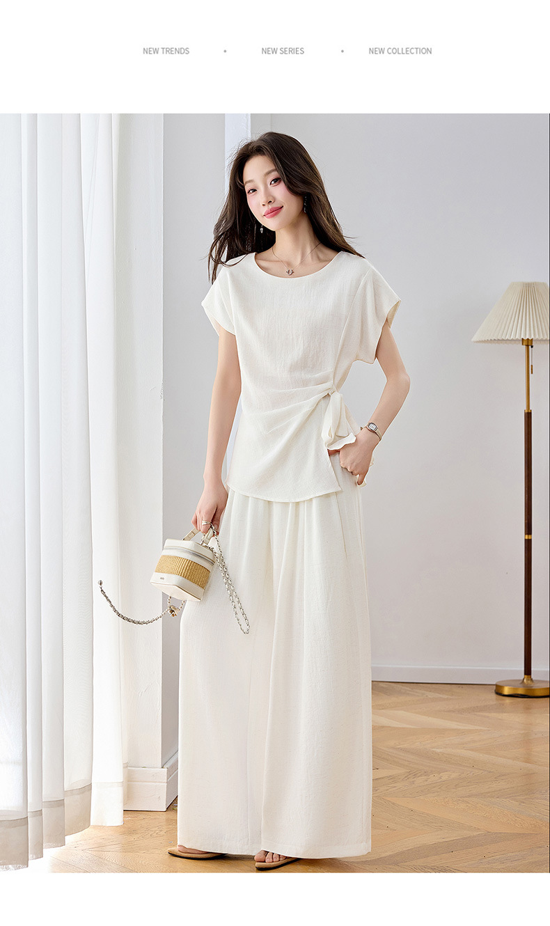 Bộ áo thun cổ tròn nơ buộc kết hợp quần ống rộng nữ 2 món — xanh lam, màu kaki, màu trắng ngà chi tiết 16