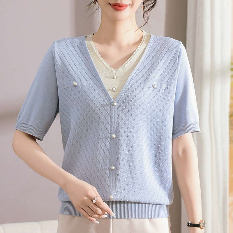 Осенний вязаный свитер для мам среднего возраста, новый стиль, оптовая продажа, 2025, новая весенне-осенняя рубашка с короткими рукавами для среднего и пожилого возраста