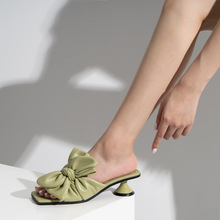 slipper heels蝴蝶结拖鞋女夏 时尚一字带纯色休闲外穿高跟凉拖鞋