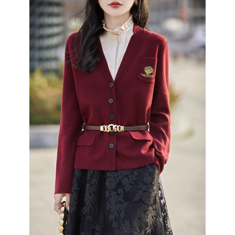 Spring New Embroidered V-Neck Knitted Cardigan Versatile Blazer Sweater for Women Loose Outerwear Cross-Border