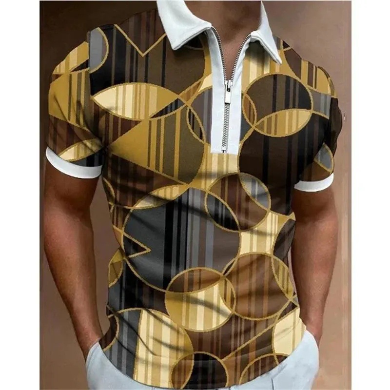 2024 venta caliente personalidad moda impresión 3D hombres verano calle suelta solapa manga corta cremallera camisa POLO