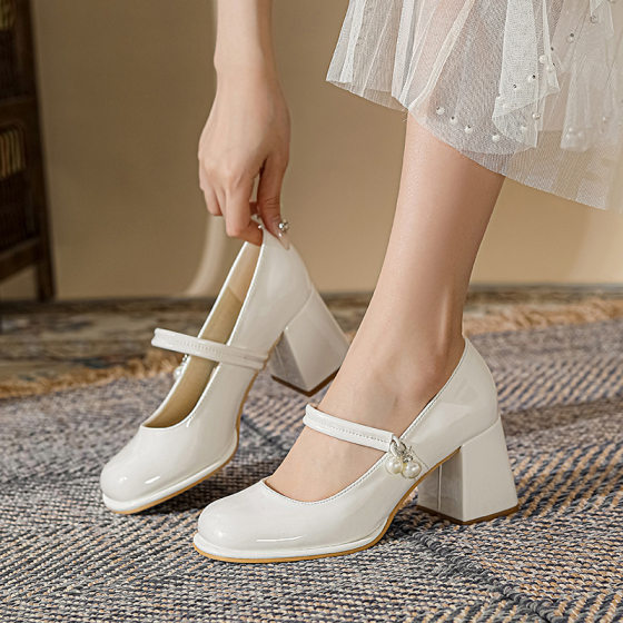 [158-B83] French Mary Jane shoes women's plus size High Heels 41-43 round toe chunky heel shoes small leather shoes