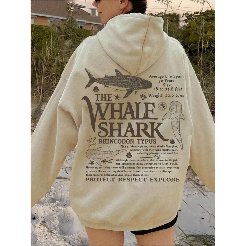 【European Size】Women's Hoodie – Soft Beige Color The Back Features a Painting Focusing on Whale Apricot Color.