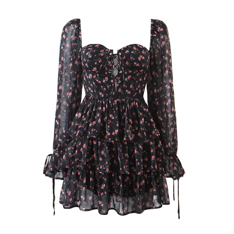 Chiffon Long Sleeve Puff Sleeve Dress 2022 Early Autumn New European and American French Square Collar Floral Layered Cake Dress