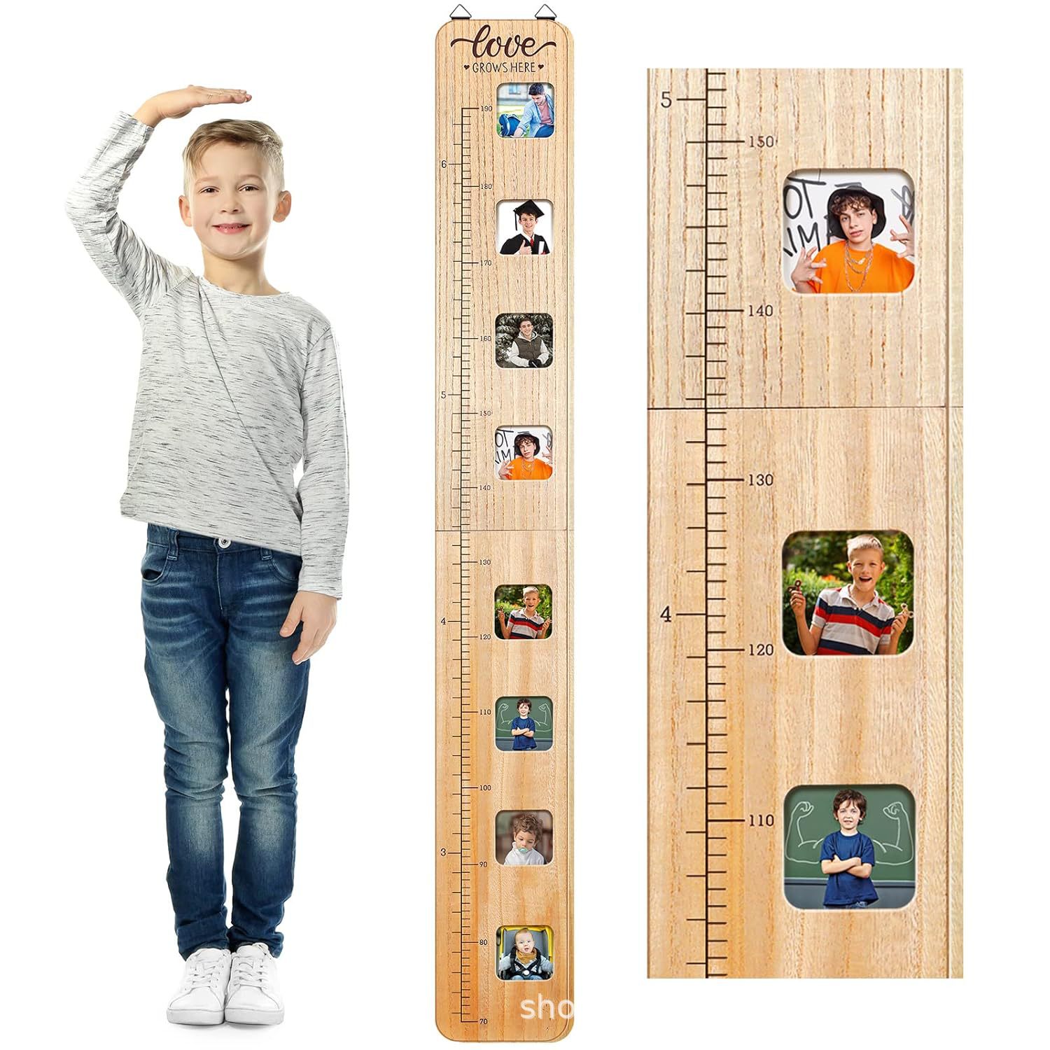 儿童木质生长标尺带相框高度测量尺可折叠高度实木测量图墙壁装饰