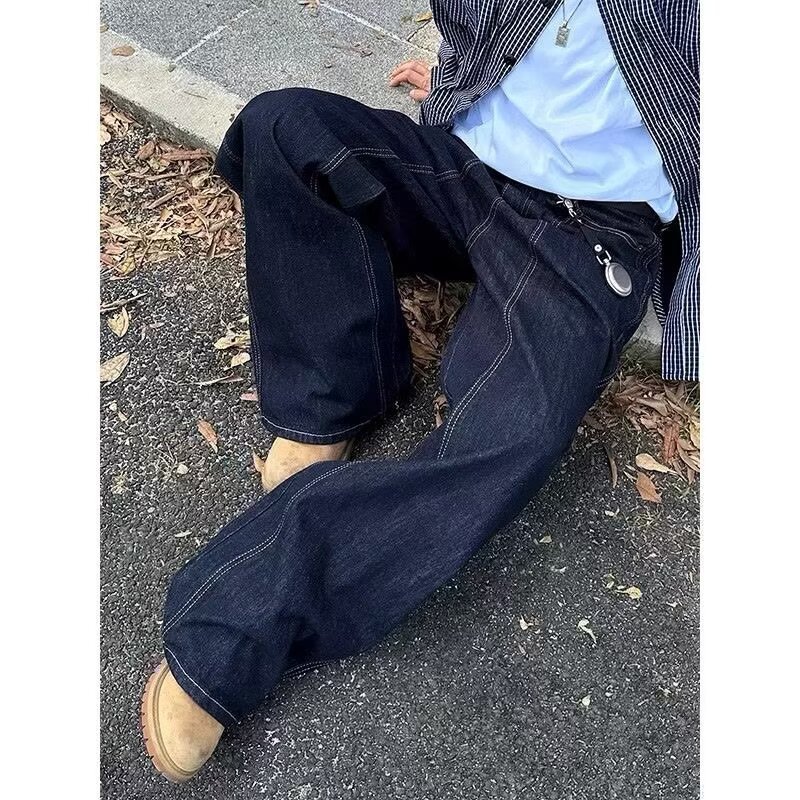 美式复古蓝色弯刀牛仔裤男春秋季港风潮牌宽松设计感休闲直筒裤子|undefined