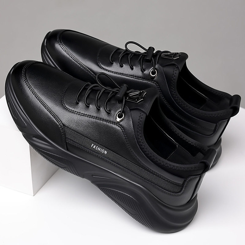 Giày nam sneaker da thật cổ thấp đế bệt thoáng khí chống trượt dễ phối đồ — Màu đen 19682, Bông đen 19682-2