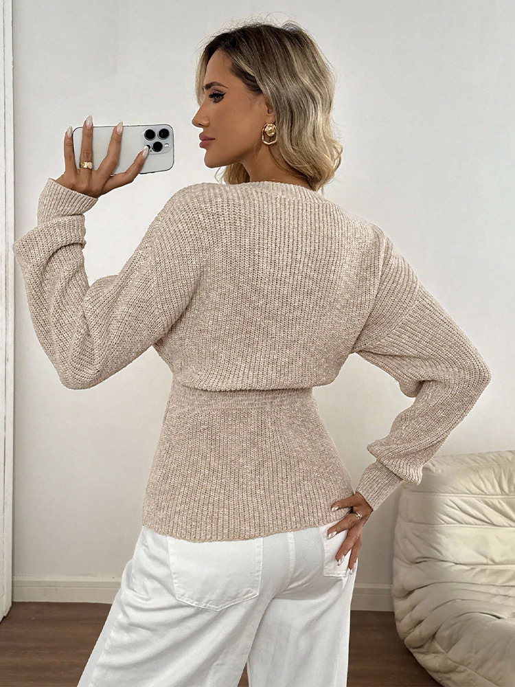 Temperamento de color sólido de alto nivel de sentido de manga larga profunda V-collar hebilla de metal cardigan otoño y invierno 2025 nuevo estilo europeo y americano transfronterizo