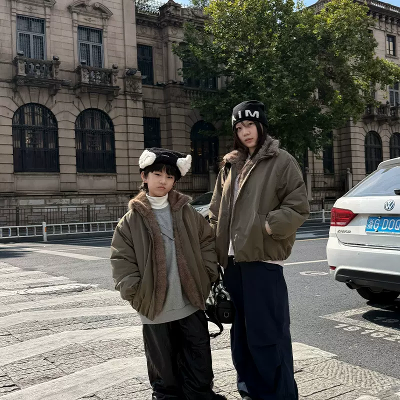 亲子批发2025年冬季新款男女童棉服外套儿童时髦毛毛棉衣立领夹克