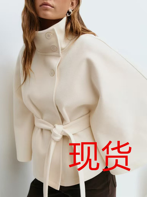 跨境欧美高品质纯色立领系带毛呢时尚气质优雅外套女秋冬新款批发|undefined