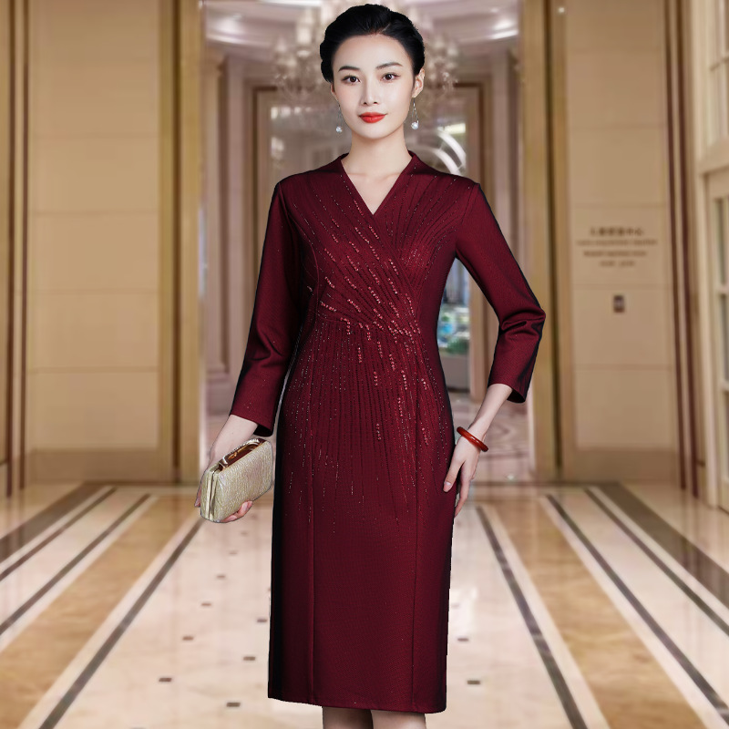 2022 Spring New Dress, Noble and Stylish, Middle-Aged Women's Over-The-Knee Skirt, Slimming Look, Large Size, Wedding Dress for Mother