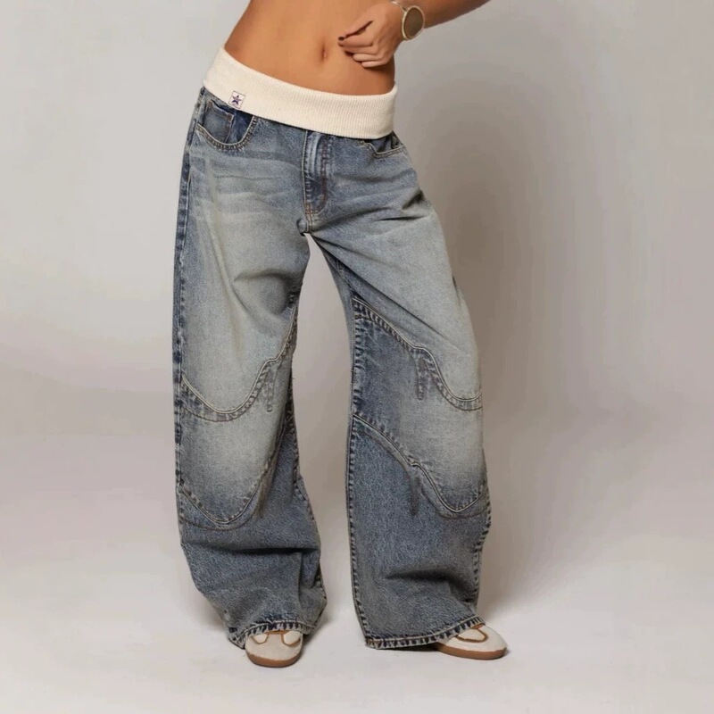 Foreign trade European and American cross-border street style washed distressed blue jeans for men and women, straight loose design casual long pants