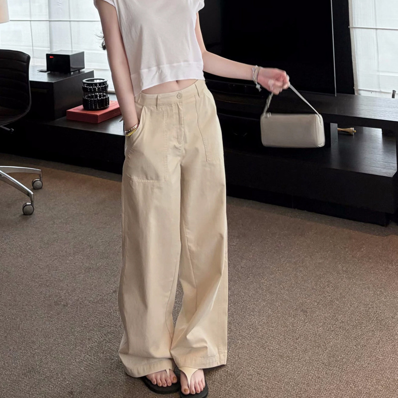 Washed Texture, Three-Dimensional Cut, Large Pockets, Casual Straight-Leg Pants for Women, Summer Wide-Leg Loose Long Pants with a Sense of Design