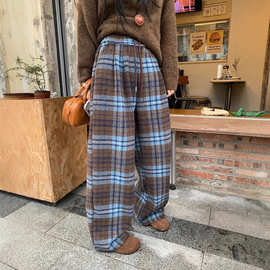 蓝色格子裤子女早春2025新款毛呢加厚休闲裤撞色直筒阔腿拖地裤潮
