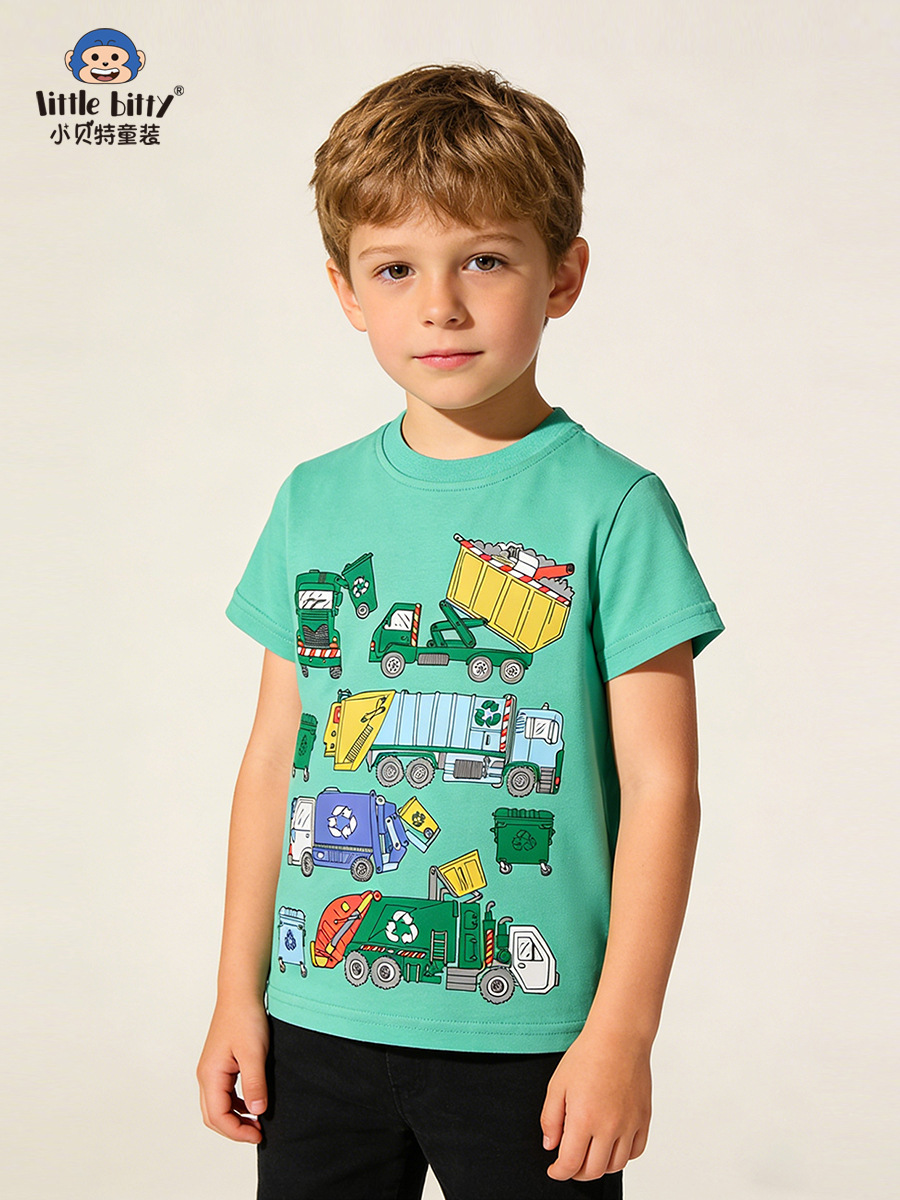 Cross-Border Children's Clothing 26Th Spring/Summer Children's Short-Sleeve T-Shirt with Cartoon Car Print, Round Neck, European and American Style Boys' Top