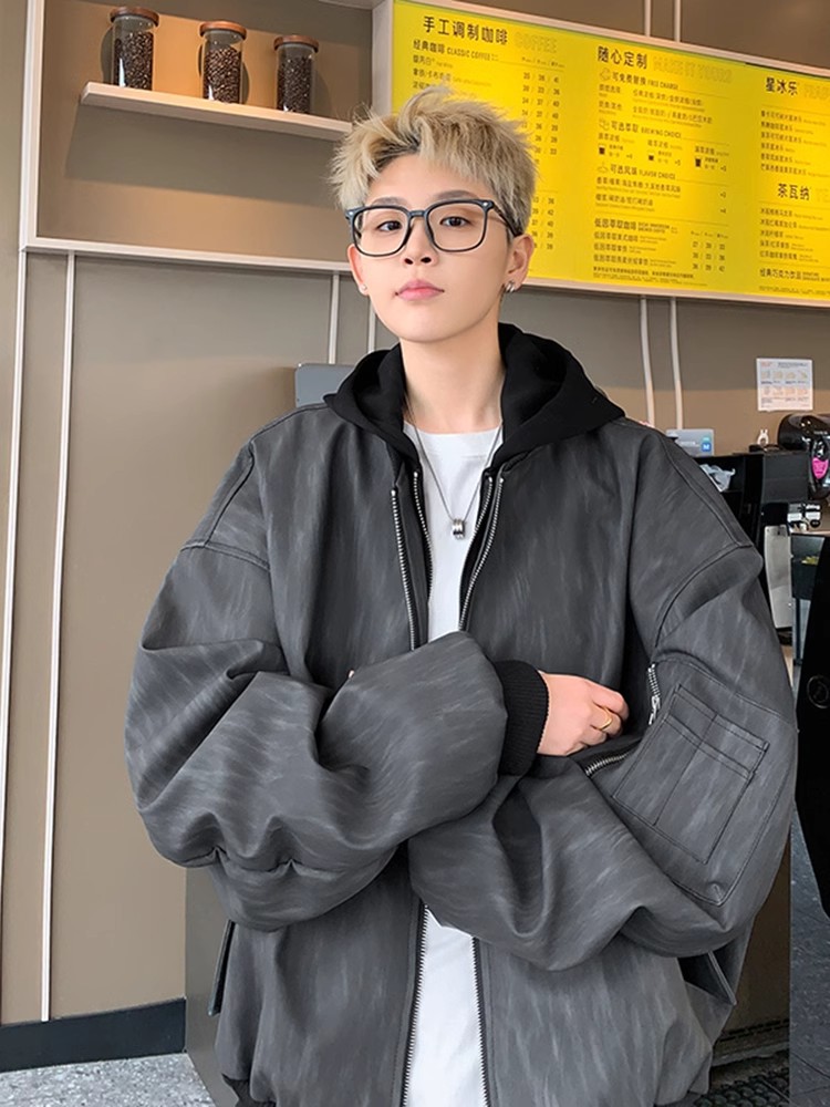 2025 primavera nuevo estilo americano falso chaqueta con capucha de dos piezas chaqueta de cuero PU de moda para hombres