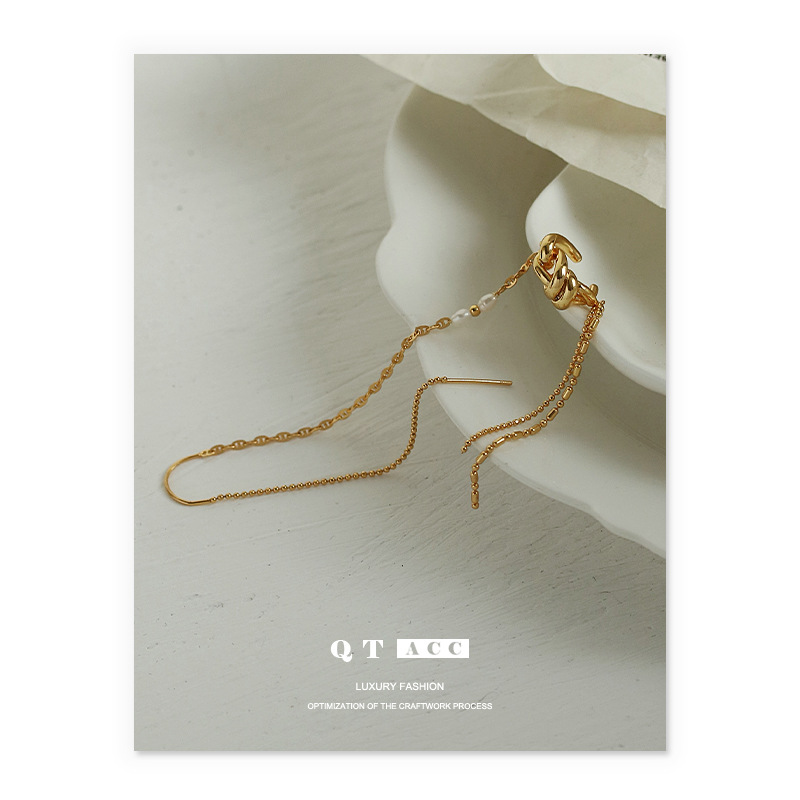 Latón chapado 18K oro real Corea del Sur temperamento de hadas de una sola pieza pendientes de la Perla del oído de alambre de bobinado de diseño del oído clip de hueso femenino