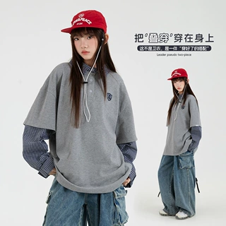 春秋款假两件撞色条纹卫衣女大童2026新款宽松休闲慵懒上衣舒适15