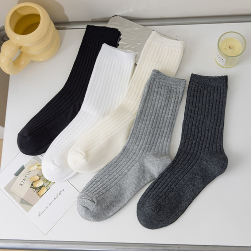 White Socks Women Crew Socks Spring Summer Cream Ins Trendy Korean Style Long Socks Anti-Odor Solid Color Cotton Socks Black Bunchy Socks