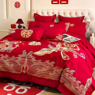 High-End Cotton Wedding Four-Piece Set Newlywed Bright Red Quilt Cover Pure Cotton Dragon and Phoenix Embroider Wedding Dowry Bedding