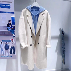 M**檬女装2025冬季新米白色双排扣直筒中长款毛呢大衣499A170563