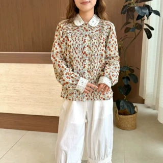 法式小众26年秋冬新款田园风娃娃拼色领刺绣碎花印花轻薄衬衫上衣