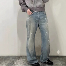 AC风2021M宽松泼墨水洗做旧直筒男女牛仔裤长裤破坏裤子情侣潮牌