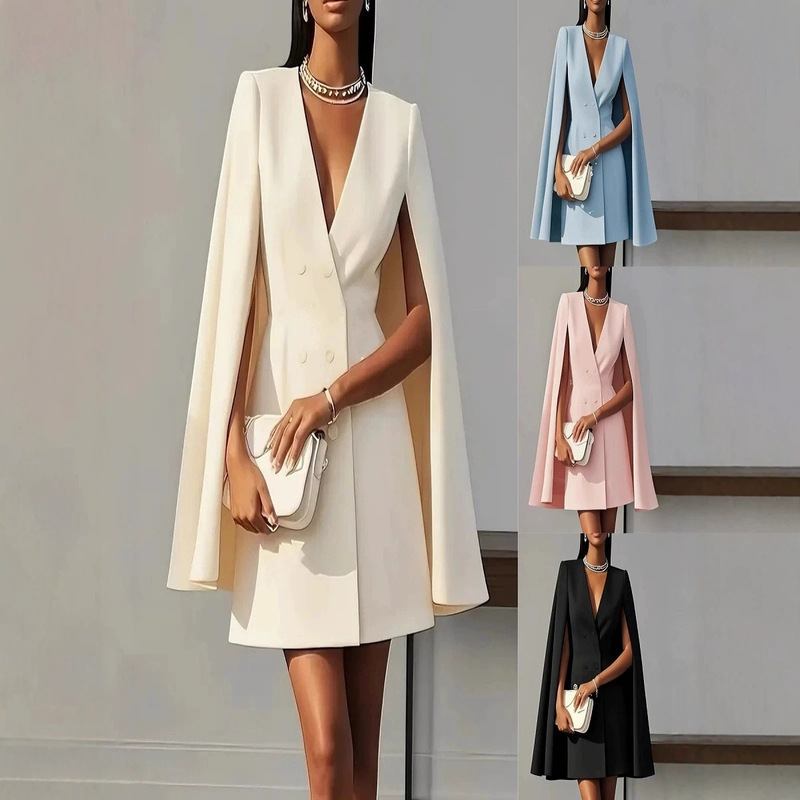 2025 European and American Amazon Cross-Border Autum Work Clothing Double-Breasted Shawl Cape Pure Color Suit Dress Women's Clothing 2025 European and American Amazon Cross-Border Autum Work Clothing Double-Breasted Shawl Cape Pure Color Suit Dress Women's Clothing
