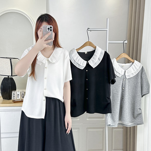 2025 plus size Women's Summer New 100.00kg chubby girl Fashion Elegant French Wooden-Edge Short-Sleeved Top 6934