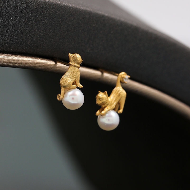 Genuine asymmetrical cute Japanese design earrings pearl