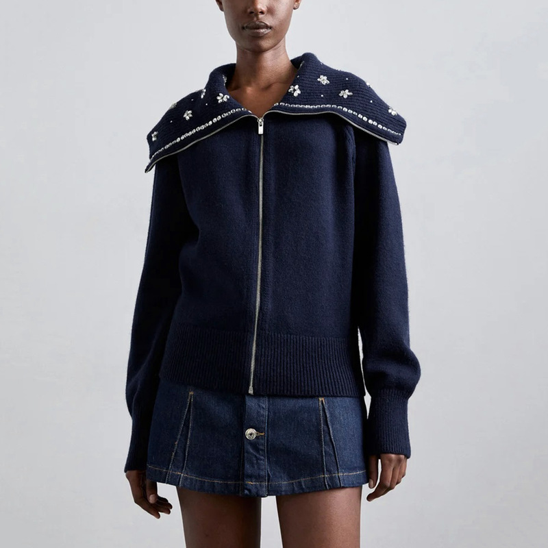 French-Style Fashionable Sweater Jacket for Women 2026 Spring New Embroidered Crochet Beaded Navy Collar Knitted Cardigan