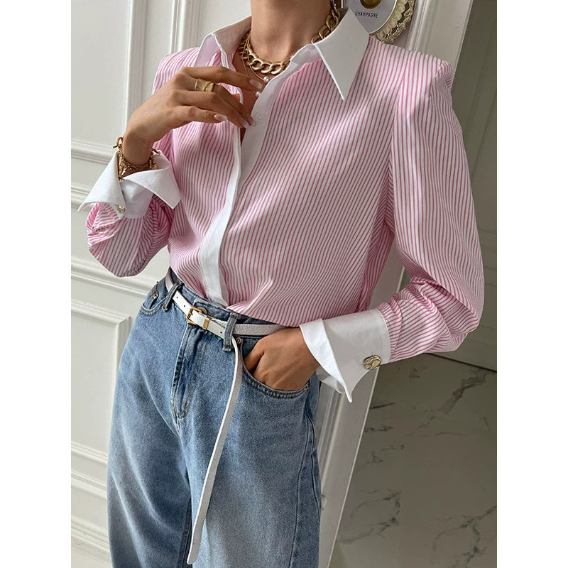 YS8 модная повседневная корейская рубашка Dongdaemun Chic в стиле пэчворк, полосатая рубашка с длинными рукавами и принтом, рубашка в корейском стиле