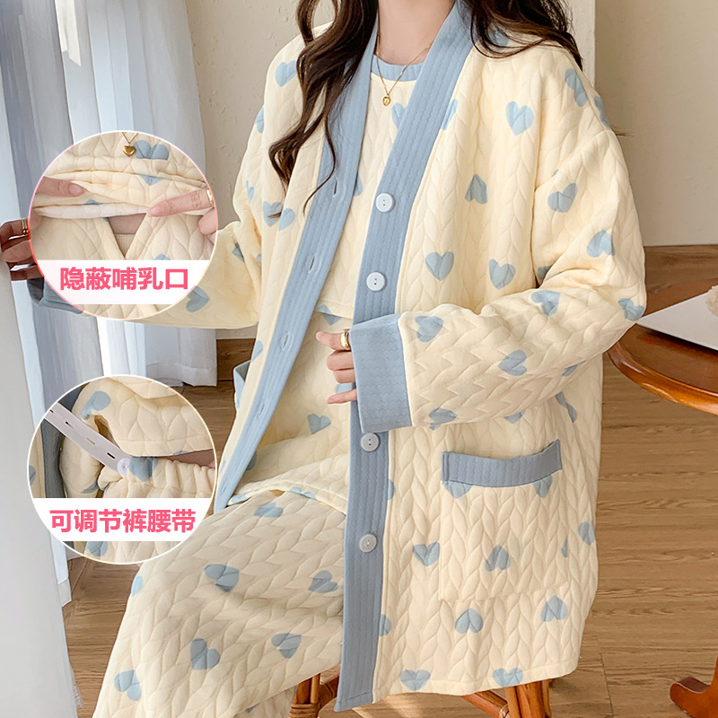 Autumn and Winter Moon Clothing Three-Piece Set with Chest Pad Air Cotton Pregnant Women Postpartum Breast-feeding Pajamas for Delivery plus size suit