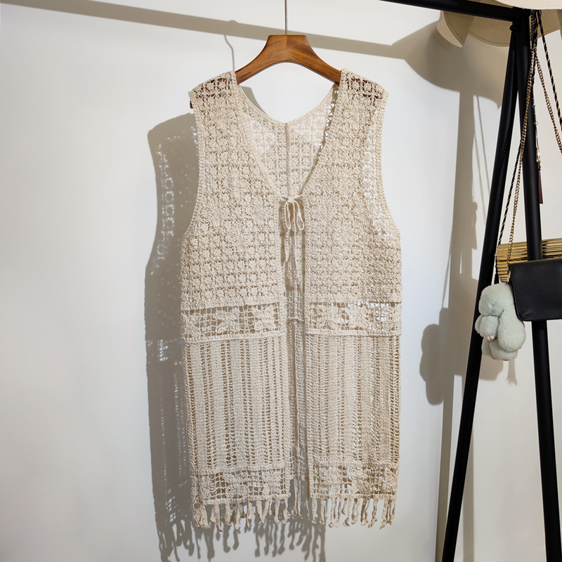 Gouhua Hollow Lace-up Knitted Vest Cardigan Women's Summer New Mid-length Sleeveless Waistcoat Tassel Vest Jacket