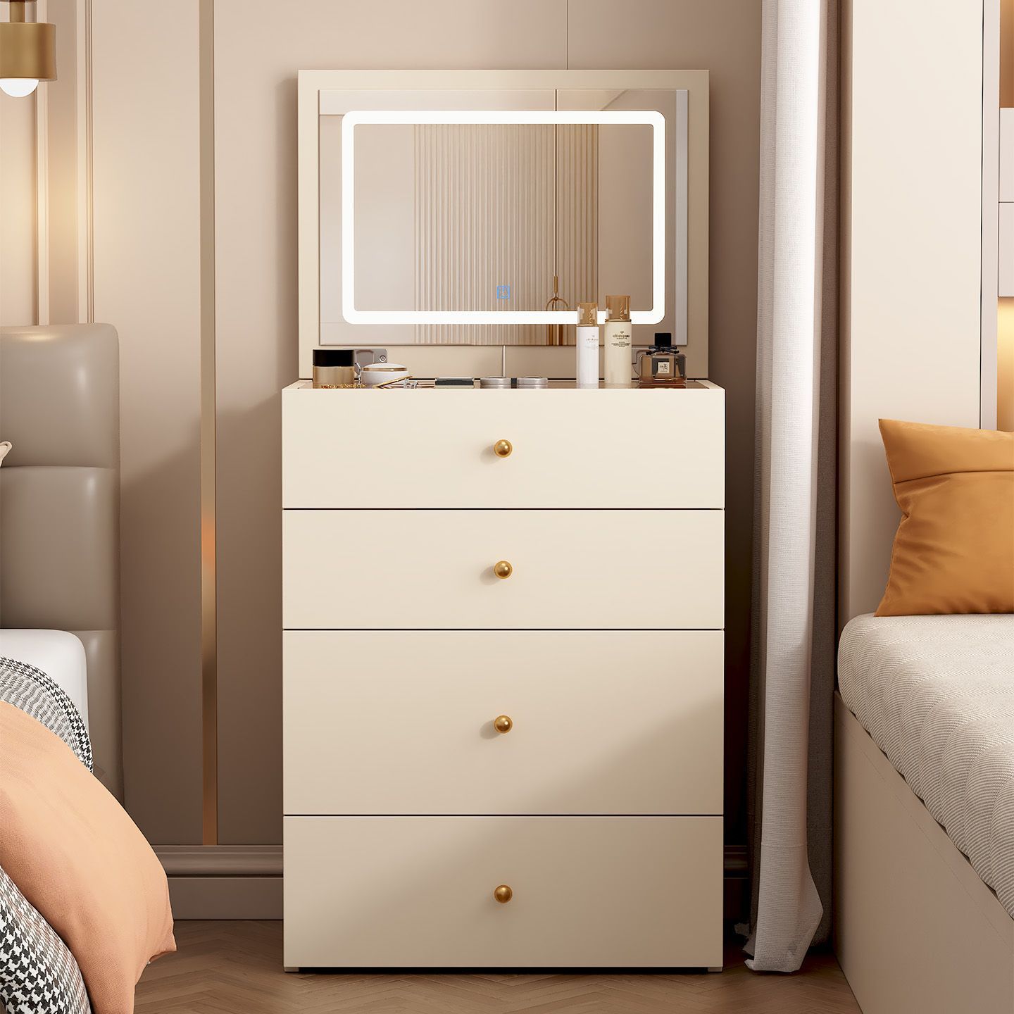 Cream Style Makeup Table and Chair Combination Household Solid Wood Dresser Modern Simple Small Apartment Bedside Table Storage Cabinet