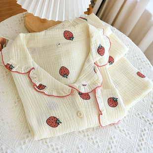 Spring and Summer Pajamas Women's Cotton Crepe Long-Sleeved Home Clothes Small Strawberry Comfortable Cardigan Style Large Size Outwear Suit