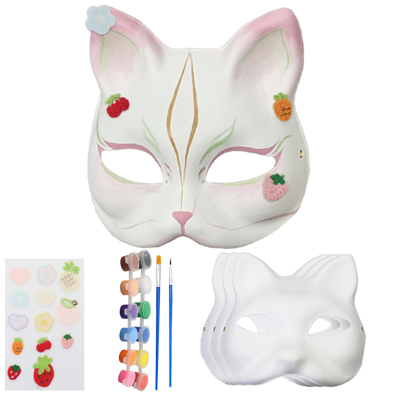 Nuevo transfronterizo DIY pulpa de embrión blanco máscara cara de gato máscara de graffiti pintada a mano para niños props de actividad manual