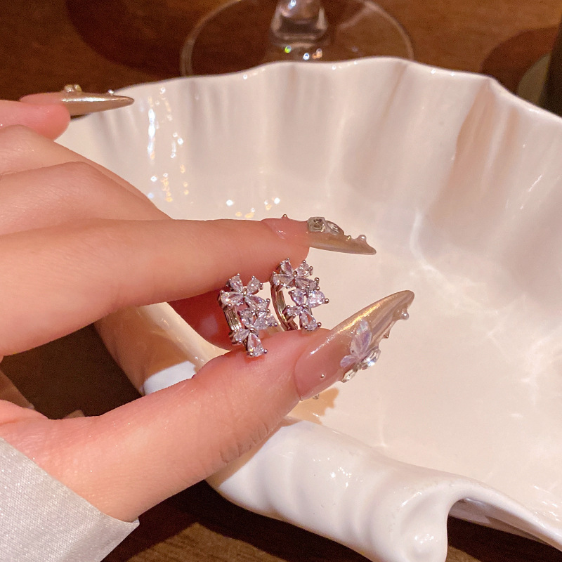 镀白金精致微镶锆石蝴蝶耳扣耳钉女轻奢小众高级感花朵耳环耳饰品|undefined