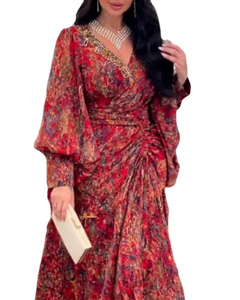 Naiste rõivad kevad- ja suvepikk seelik Patchwork vöökohaga seelik V-kaelusega trükitud vööga kleit_voghion.com