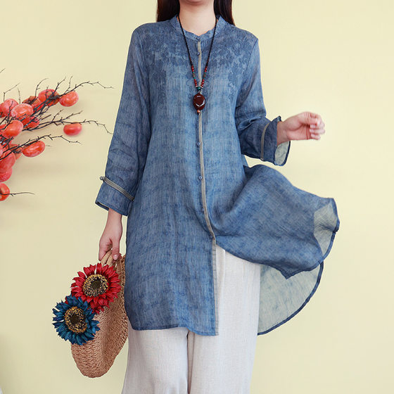 Official Website 2025 Spring and Summer New Artistic Retro Embroidered Stir-fried Color Collar Shirt Women's Loose Mid-length Sunscreen Top