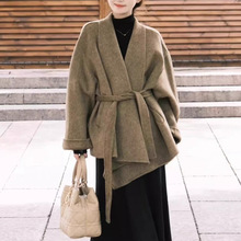 质量新款韩版中长款小个子毛呢大衣女浴袍款系带收腰毛呢外套