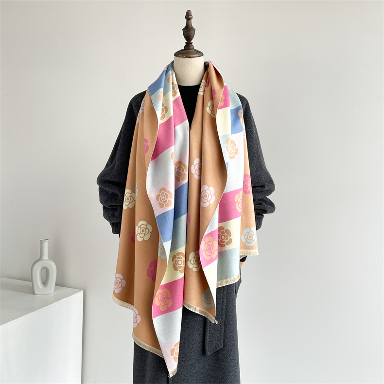 Camelia colorata per il lusso invernale femminile, dolce profumata in inverno, scialle spesso e caldo, sciarpa invecchiata_voghion.com