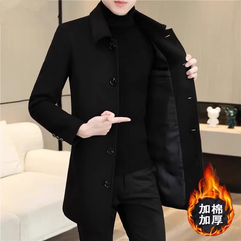 秋冬季男士翻领羊绒毛呢大衣中长款男装休闲英伦绒呢子风衣外套潮