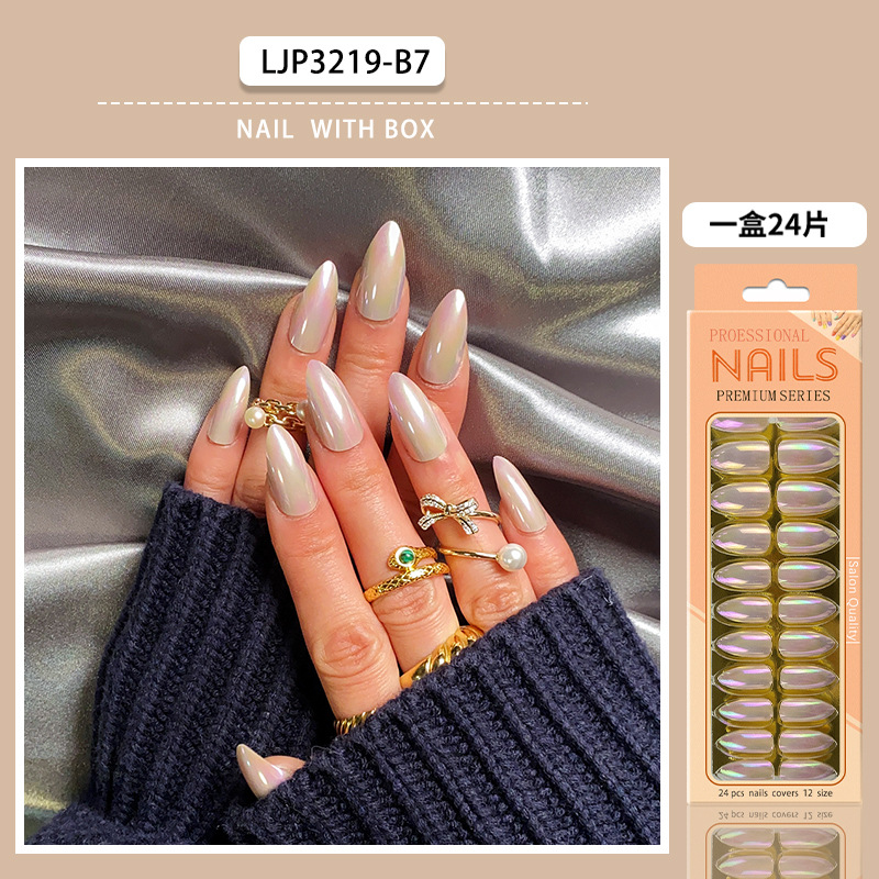 Uñas postizas iridiscentes, puntas de uñas de longitud media, uñas postizas largas en caja, puntas de uñas postizas electrochapadas.